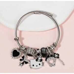Hello Kitty Silver & Black Adjustable Charm Bracelet – Cute Accent Jewelry Gift